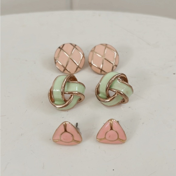 Vintage Enamel Gold Statement Earrings Knot Braided Geometric Stud Pink Green - Picture 4 of 8